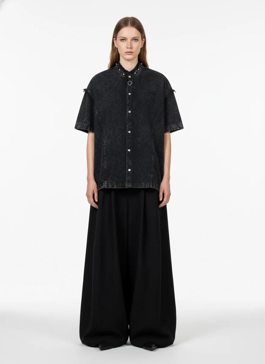 Rivet Deconstructed Split Stitching Denim Short-Sleeved Shirt - Image 3
