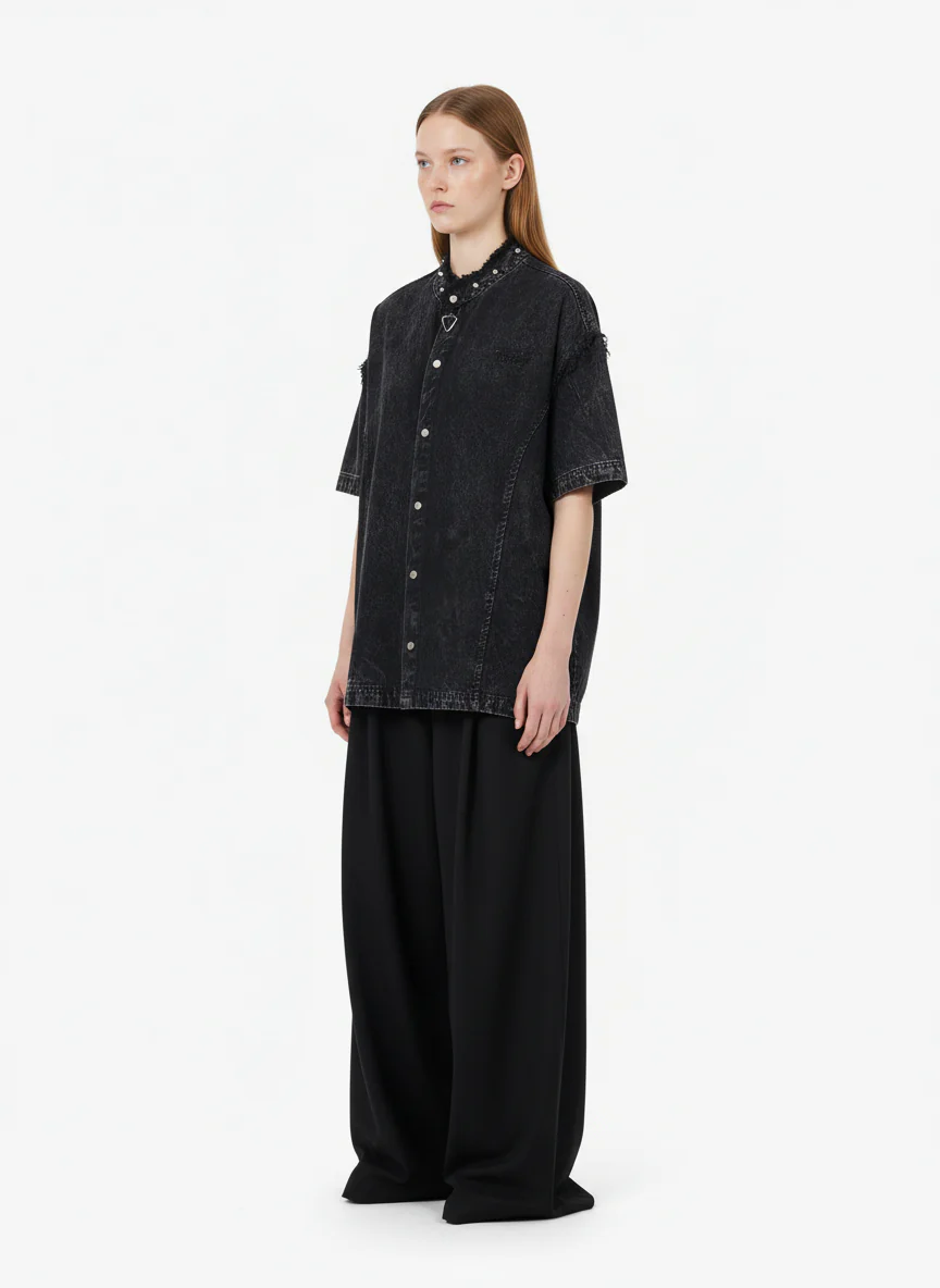 Rivet Deconstructed Split Stitching Denim Short-Sleeved Shirt - Image 5