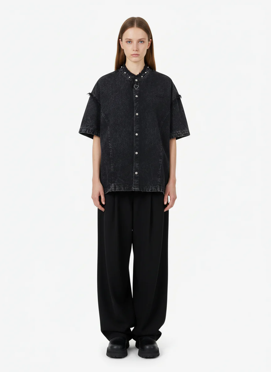 Rivet Deconstructed Split Stitching Denim Short-Sleeved Shirt - Image 6
