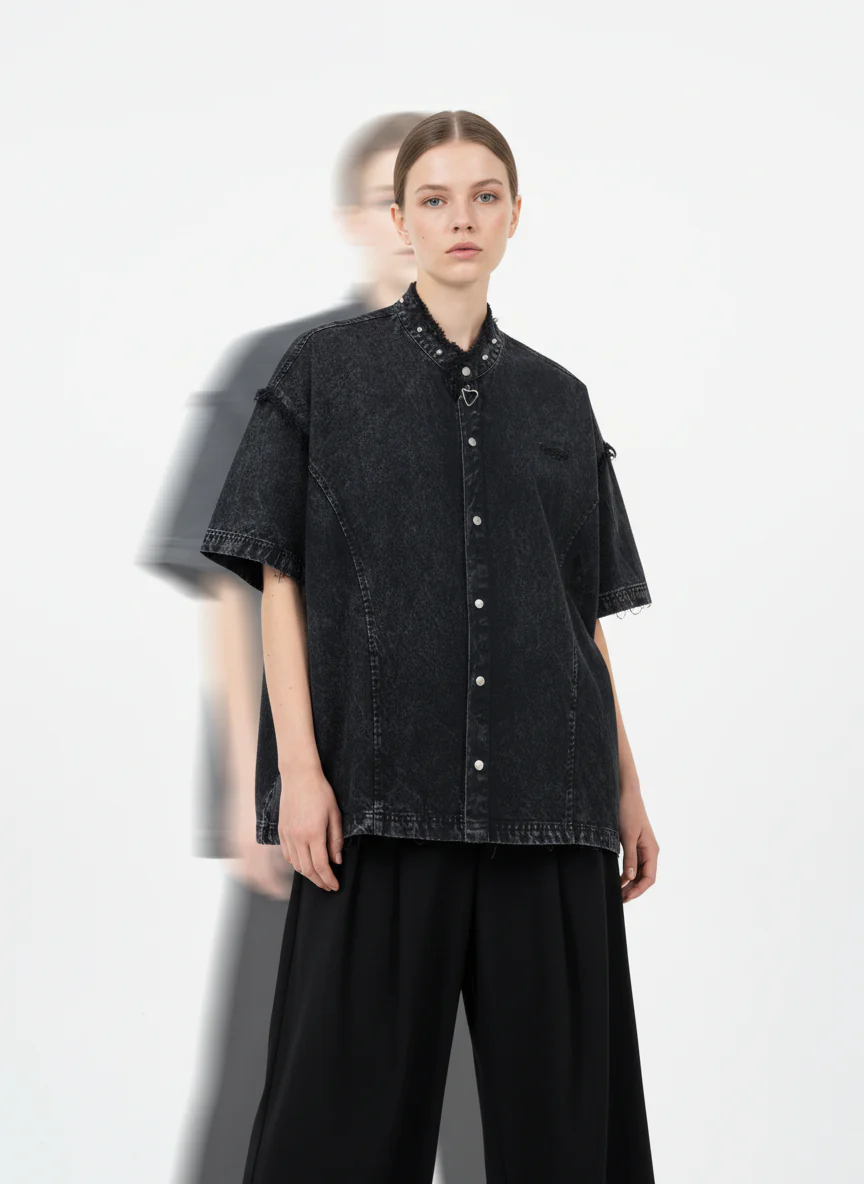 Rivet Deconstructed Split Stitching Denim Short-Sleeved Shirt - Image 7