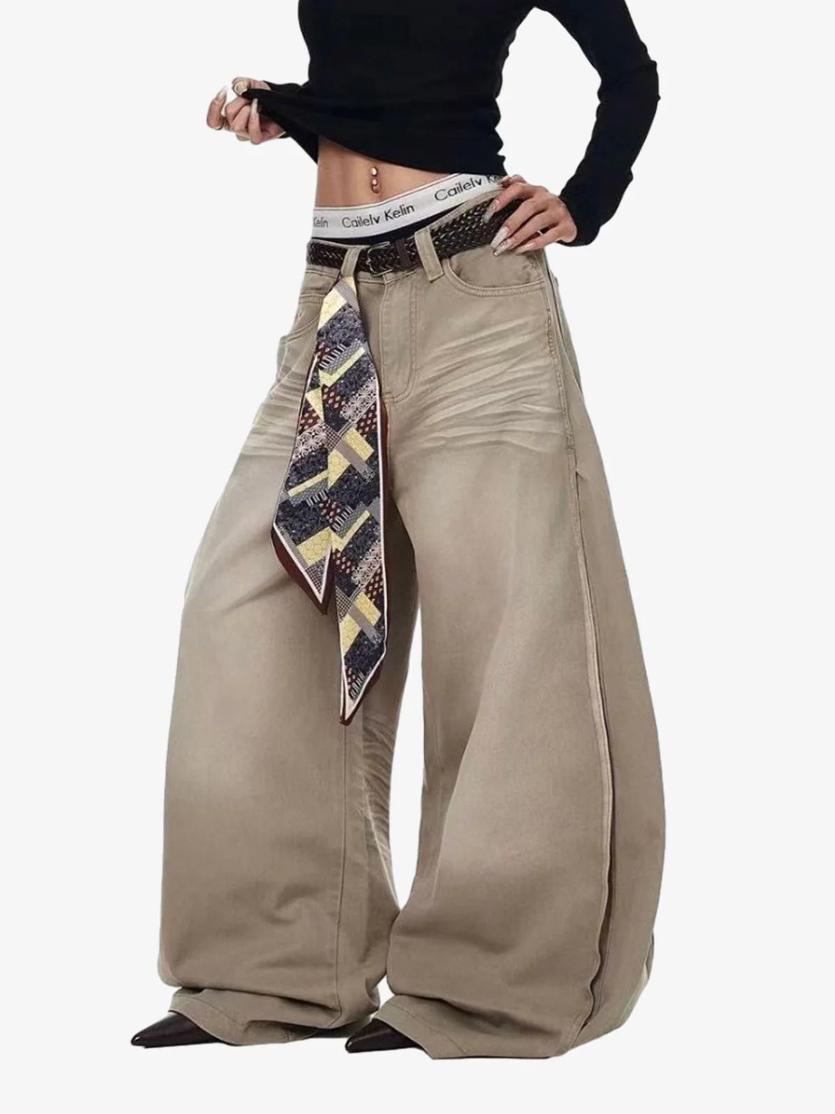 Scarf Belt Detail Balloon Wide Leg Jeans - Image 5