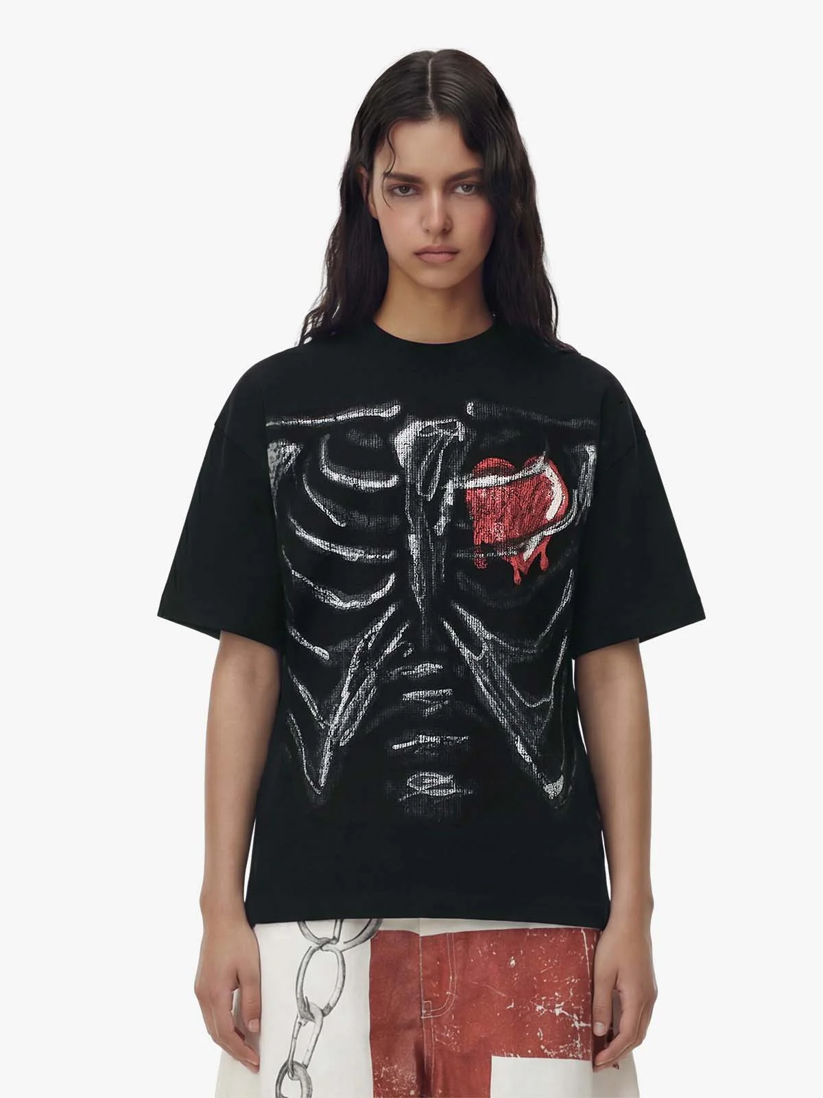 Skeleton & Melted Heart Graphic Waffle Knit T-Shirt - Image 3