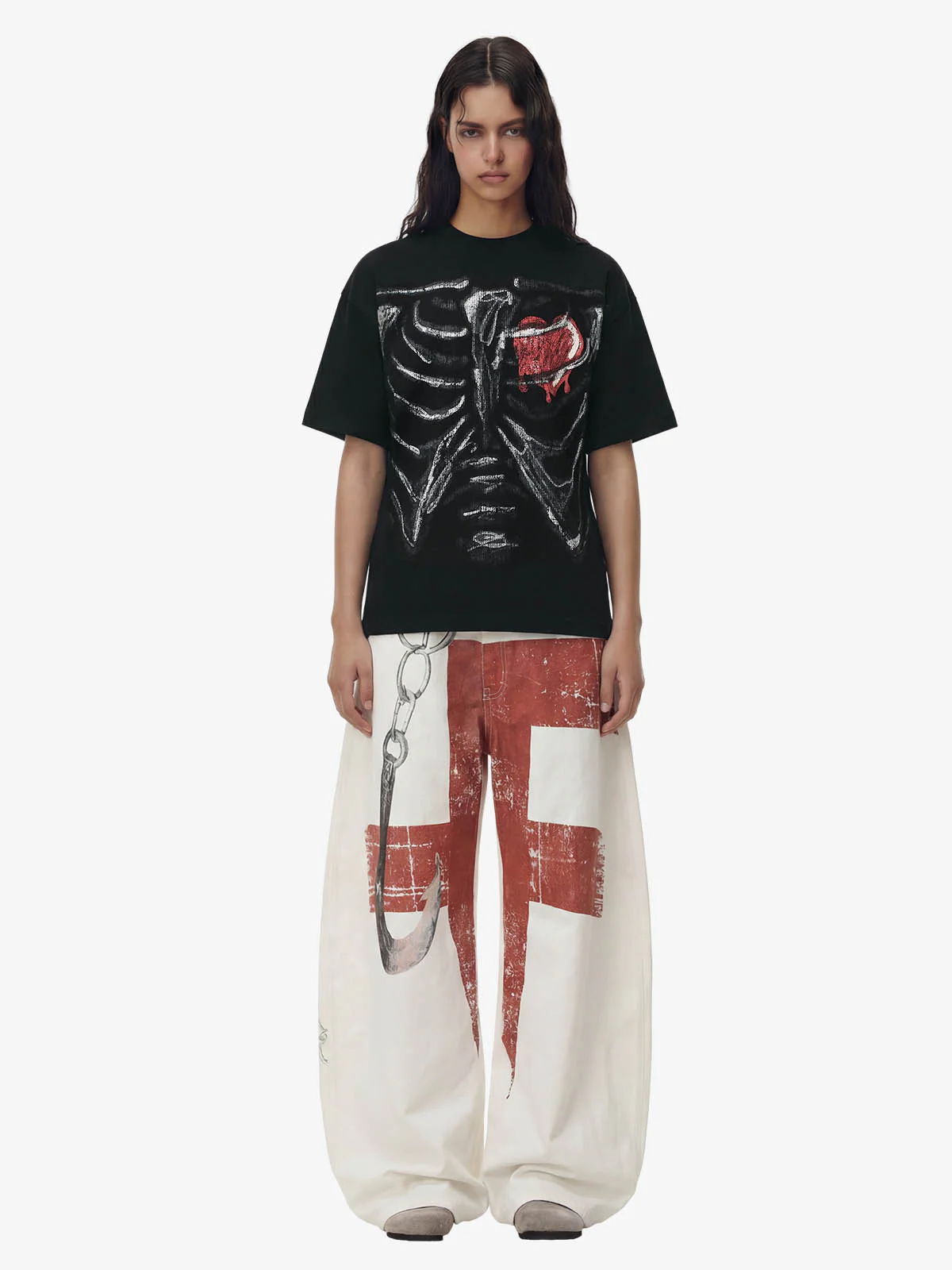 Skeleton & Melted Heart Graphic Waffle Knit T-Shirt - Image 6
