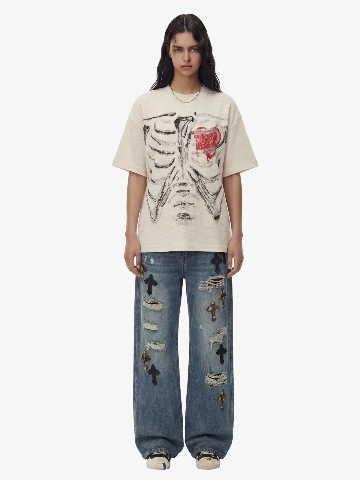 Skeleton & Melted Heart Graphic Waffle Knit T-Shirt - Image 7