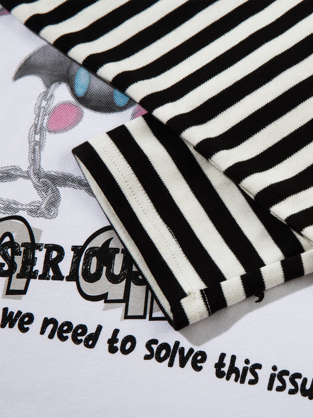 Cartoon Print Striped Sleeve Faux Two-Piece Long-Sleeve T-Shirt - Image 11