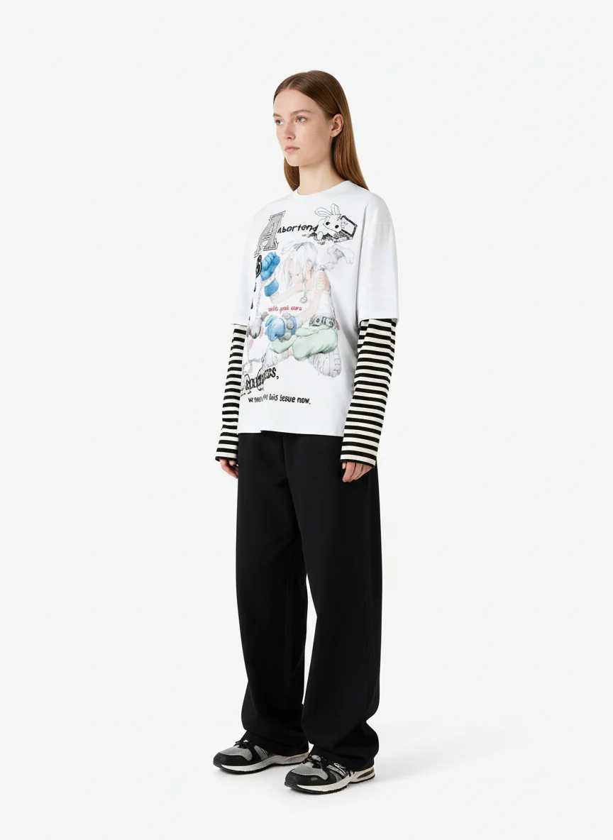 Cartoon Print Striped Sleeve Faux Two-Piece Long-Sleeve T-Shirt - Image 3