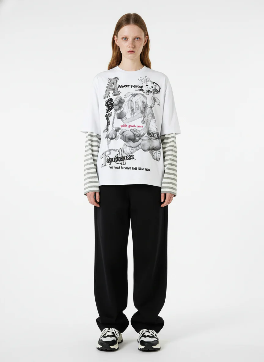 Cartoon Print Striped Sleeve Faux Two-Piece Long-Sleeve T-Shirt - Image 4