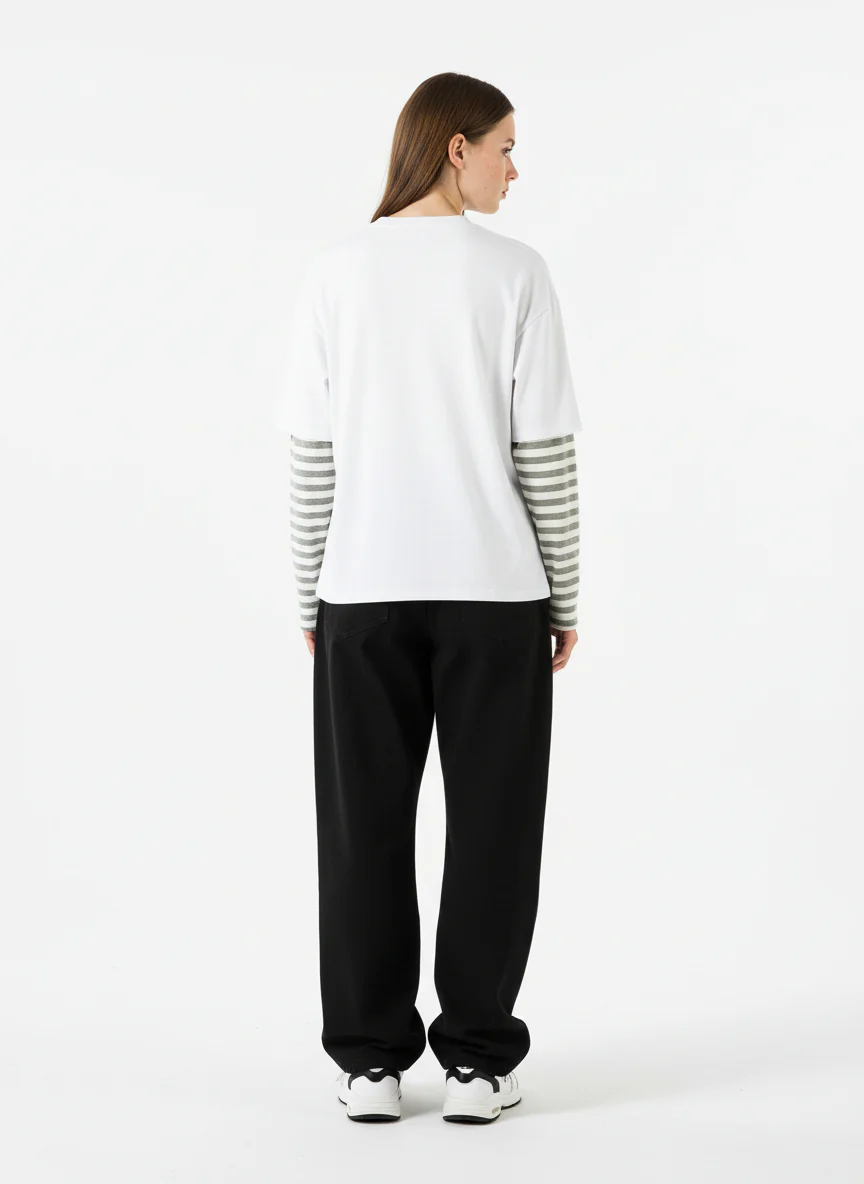 Cartoon Print Striped Sleeve Faux Two-Piece Long-Sleeve T-Shirt - Image 5