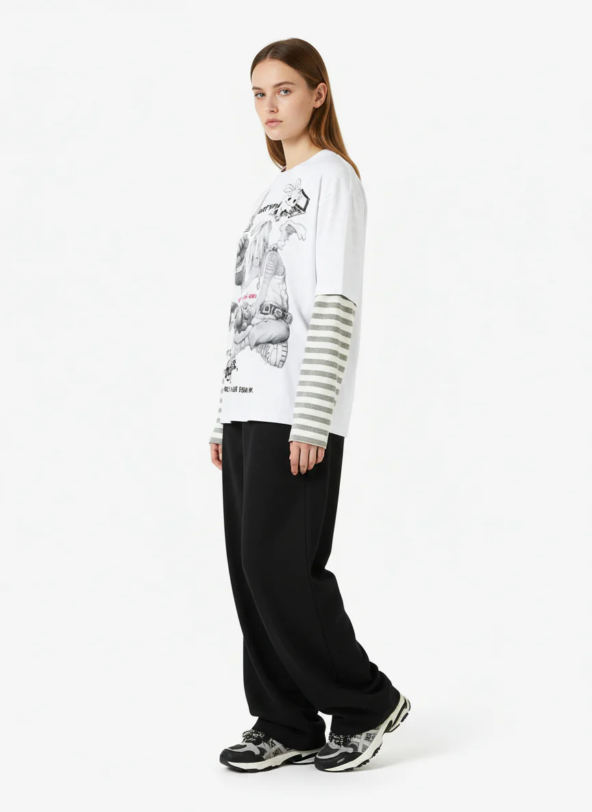 Cartoon Print Striped Sleeve Faux Two-Piece Long-Sleeve T-Shirt - Image 6