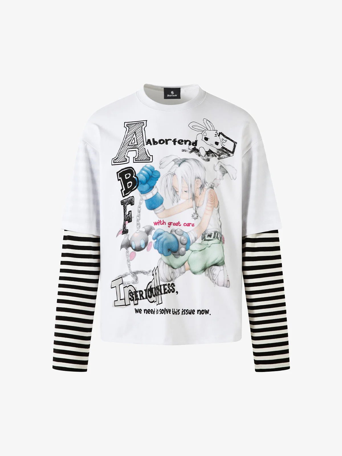 Cartoon Print Striped Sleeve Faux Two-Piece Long-Sleeve T-Shirt - Image 7