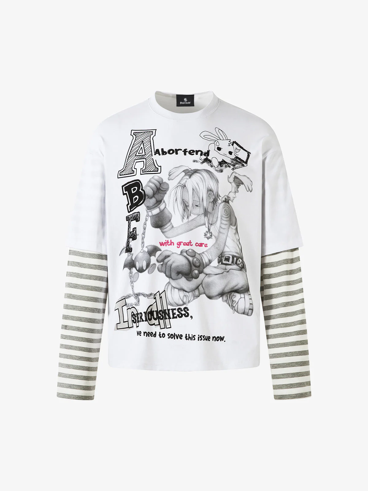 Cartoon Print Striped Sleeve Faux Two-Piece Long-Sleeve T-Shirt - Image 8