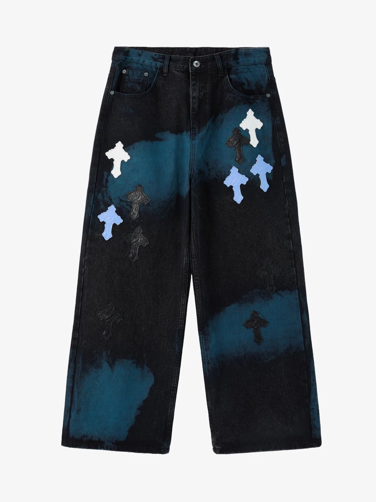 Smoke Fade Wash Cross Patch Baggy Denim Jeans - Image 2