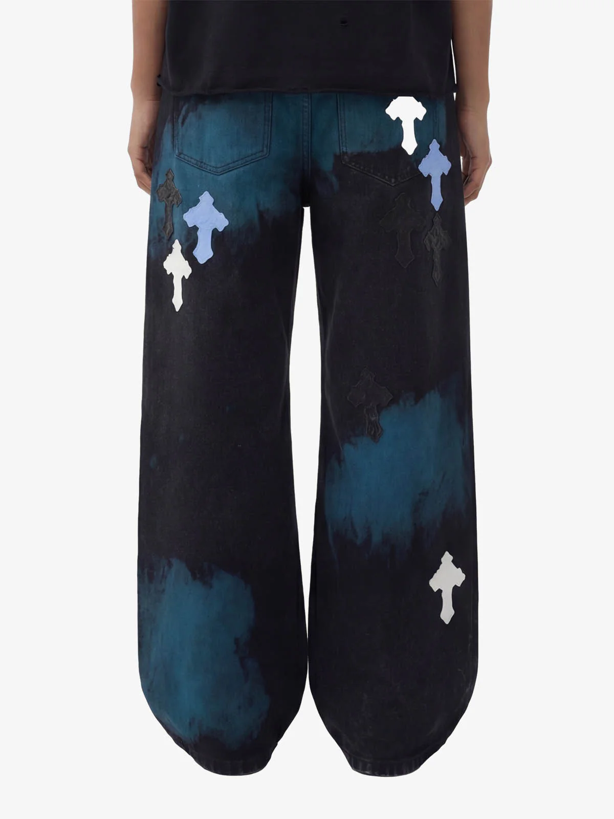 Smoke Fade Wash Cross Patch Baggy Denim Jeans - Image 3
