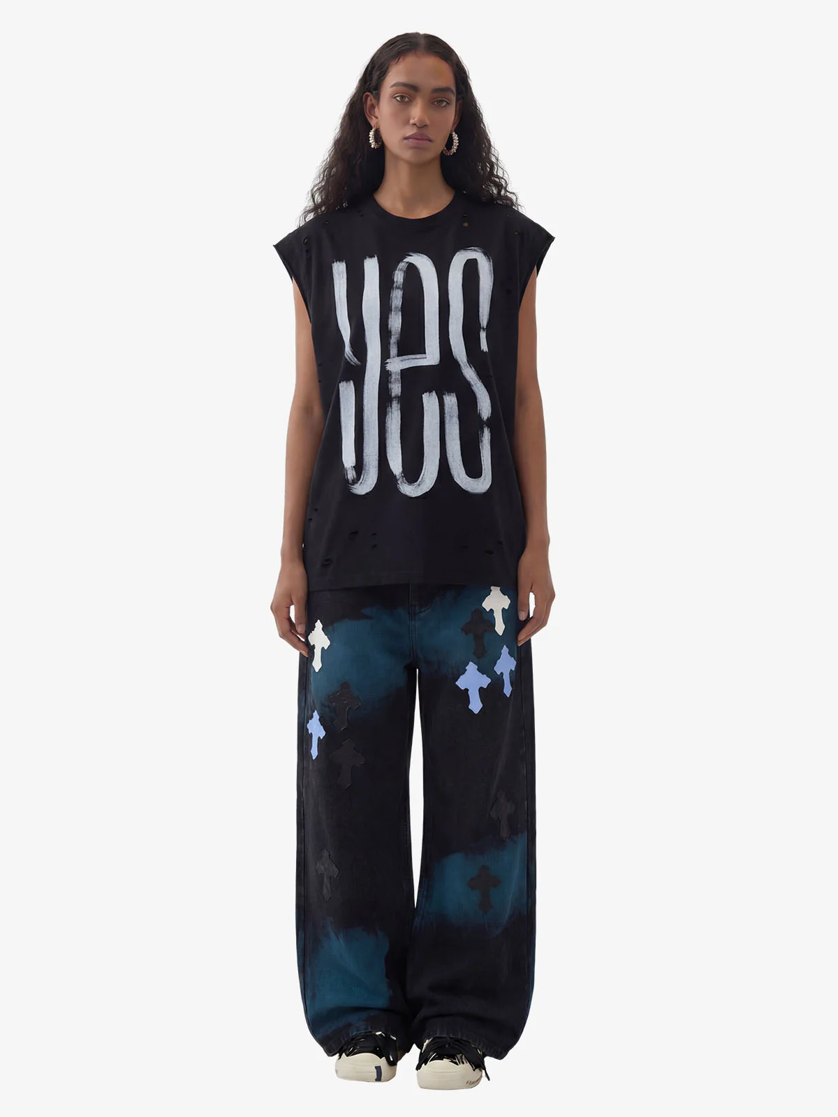 Smoke Fade Wash Cross Patch Baggy Denim Jeans - Image 4