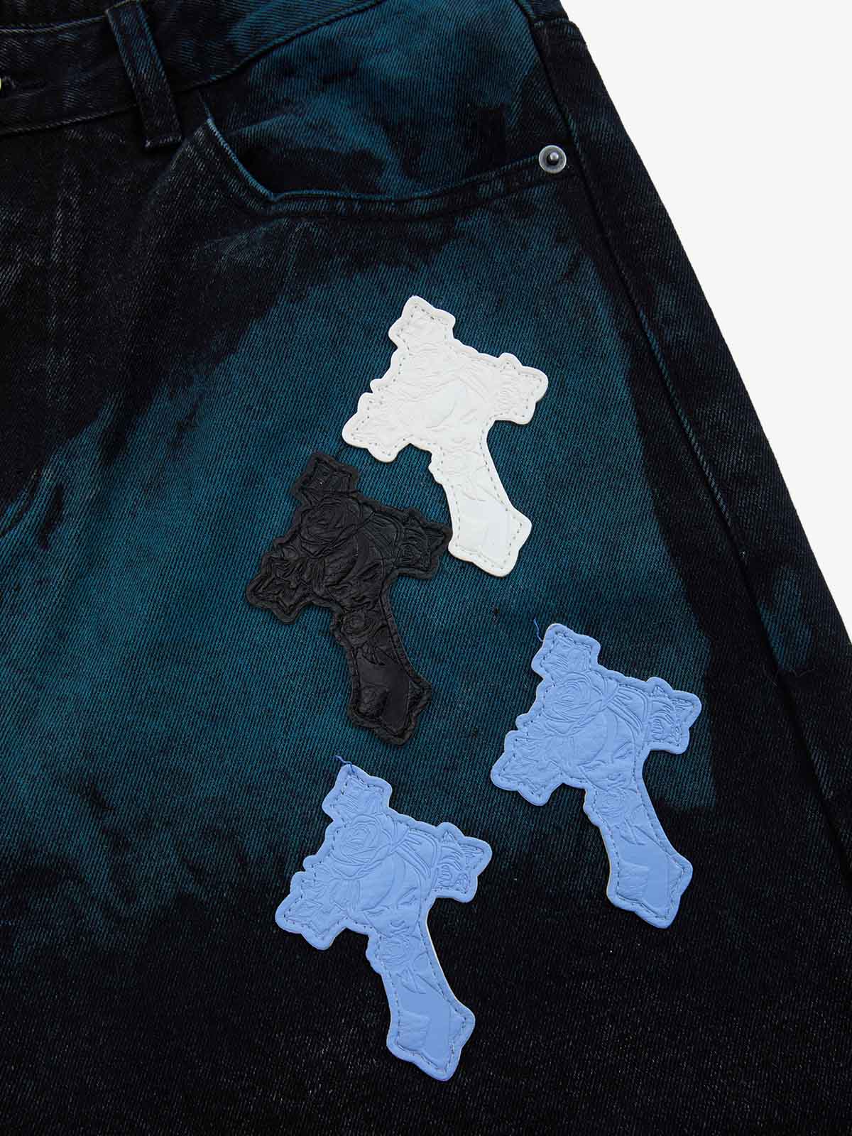 Smoke Fade Wash Cross Patch Baggy Denim Jeans - Image 6