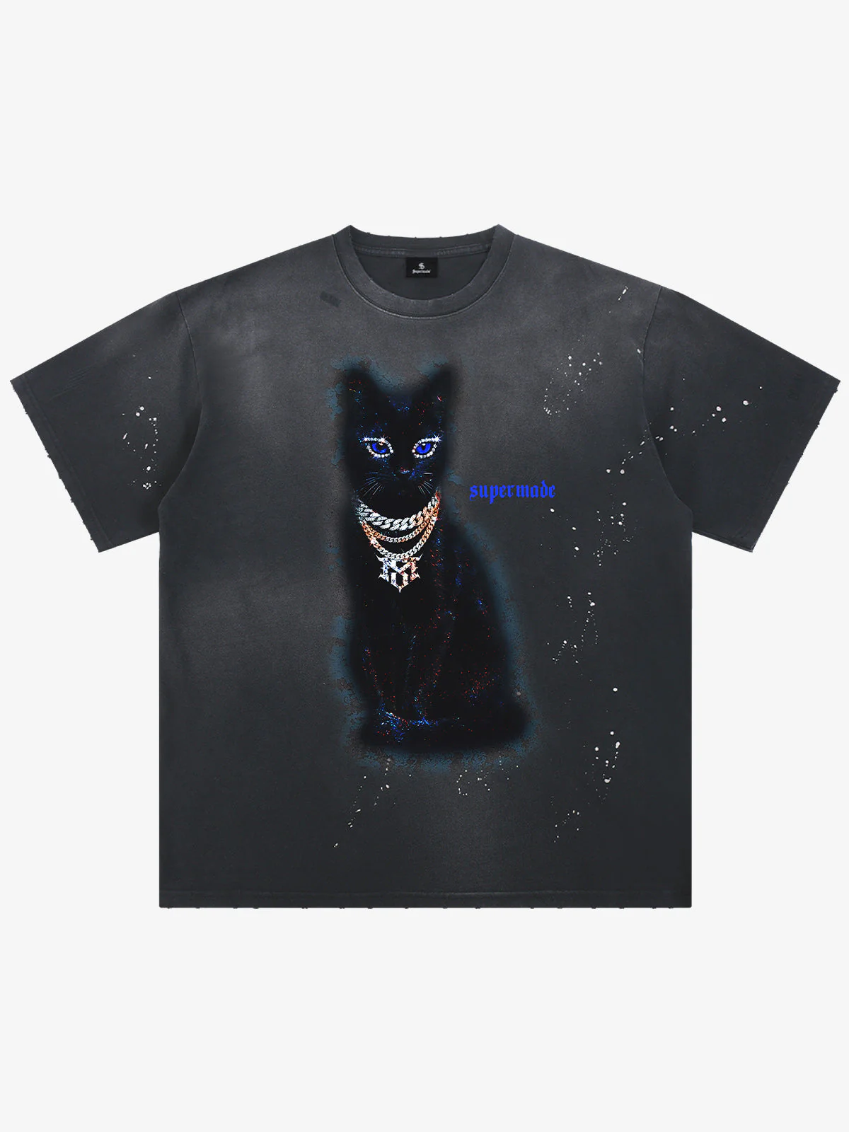 Splatter Design Chain Black Cat Graphic T-Shirt - Image 6