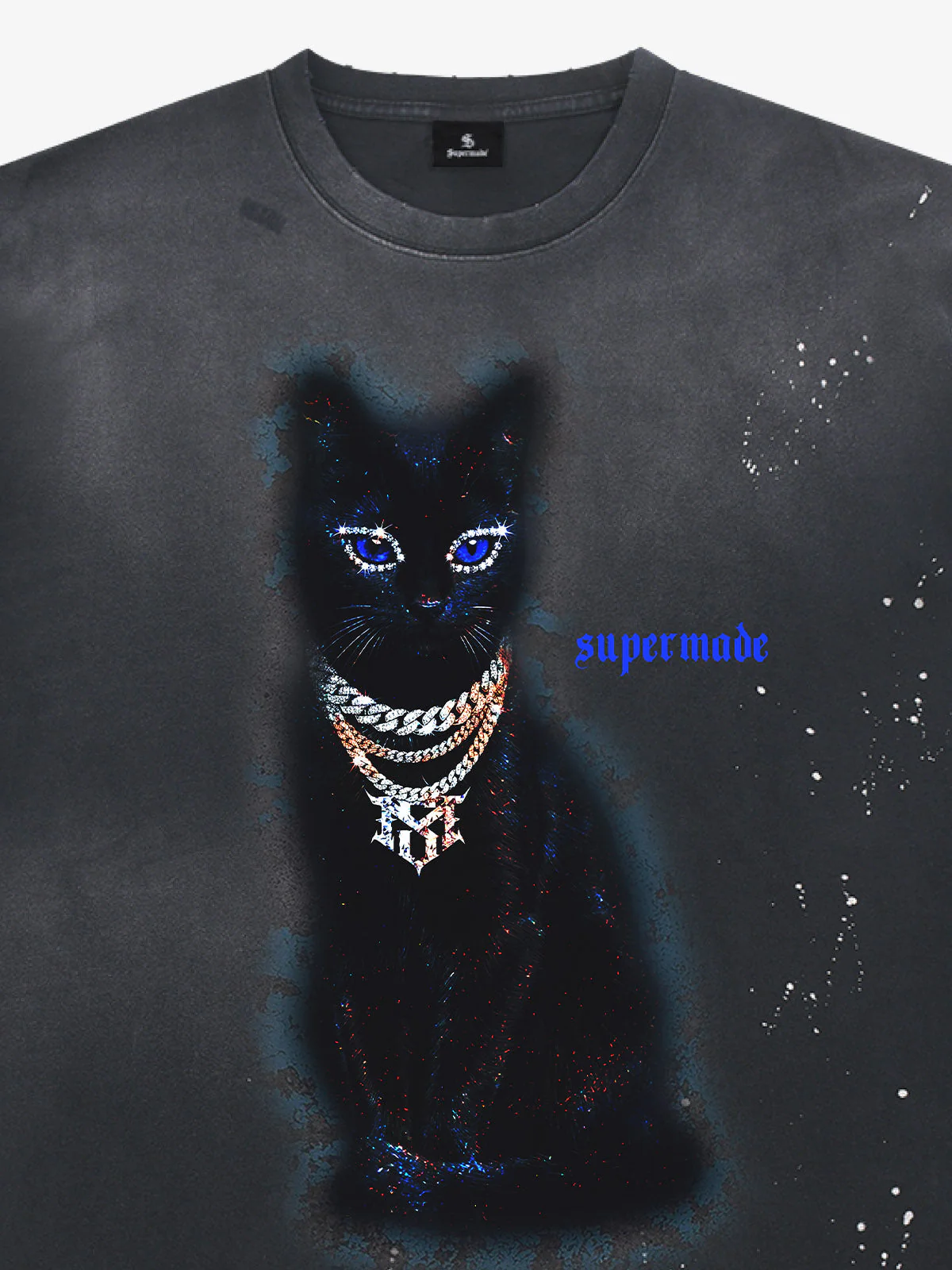 Splatter Design Chain Black Cat Graphic T-Shirt - Image 7