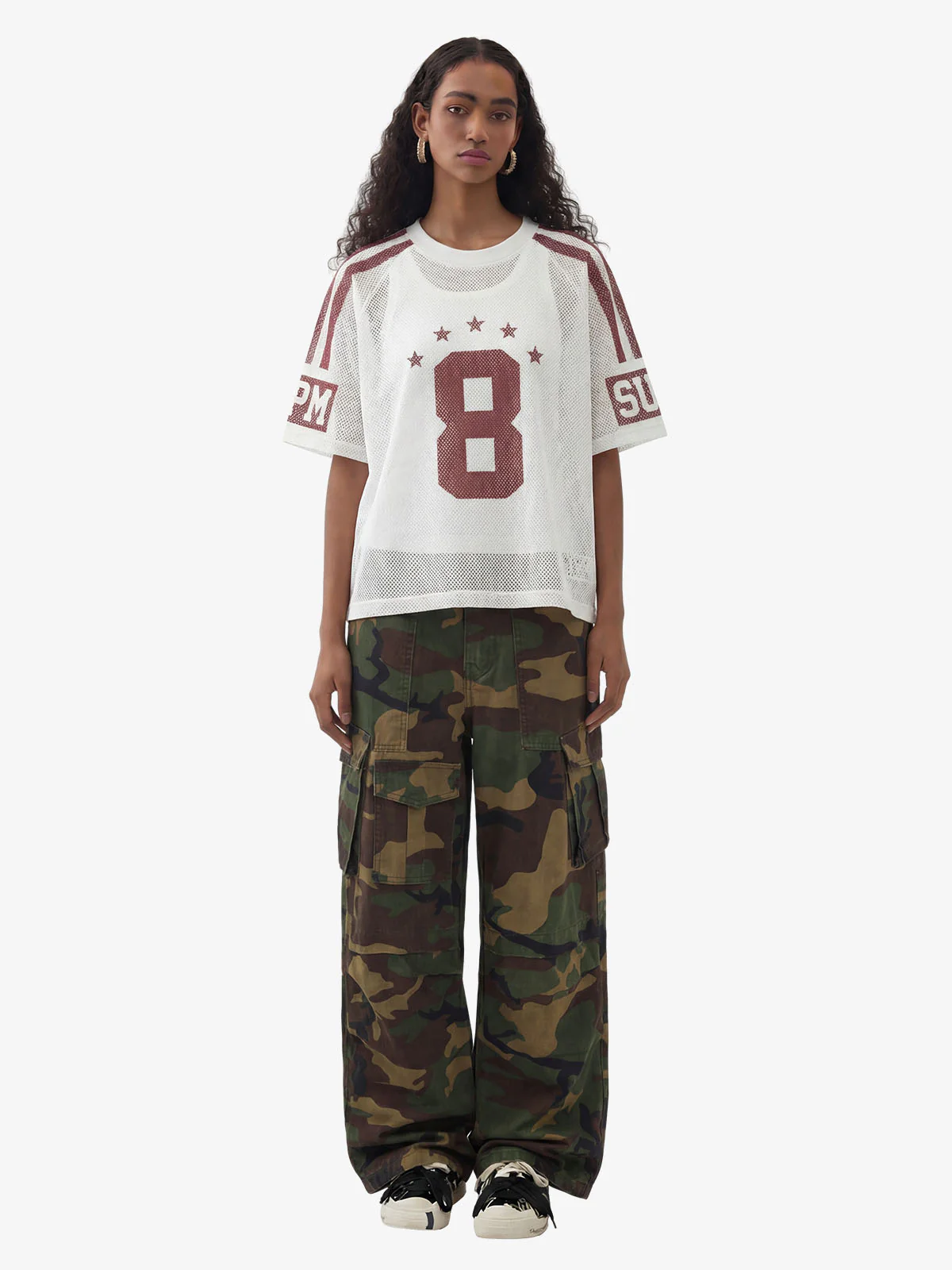 Star Design Number 8 Cropped Sleeve Stripes Jersey T-Shirt - Image 4