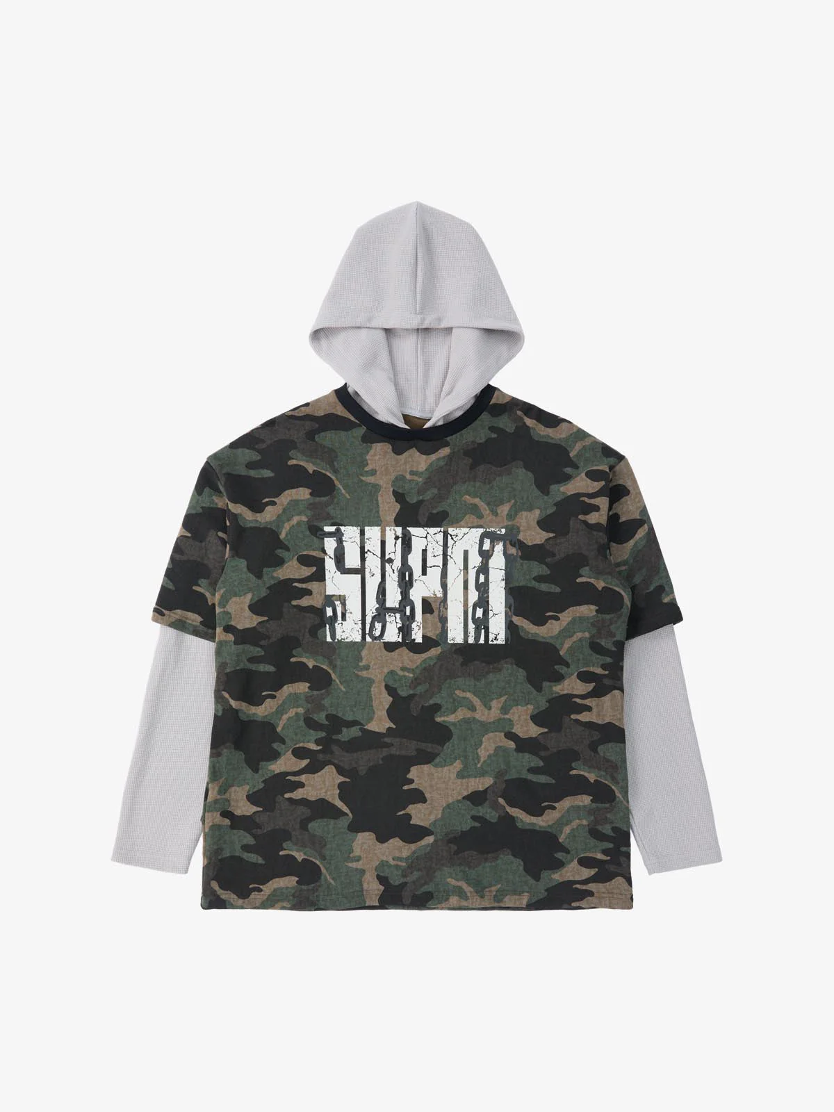Street Camouflage Patchwork Faux Two-Piece Hooded Top