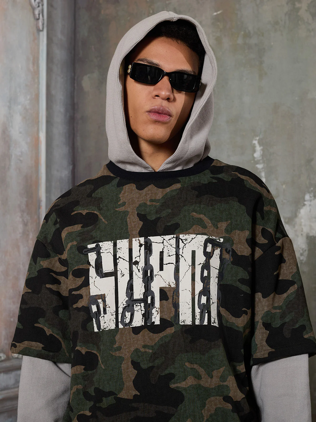Street Camouflage Patchwork Faux Two-Piece Hooded Top - Image 7