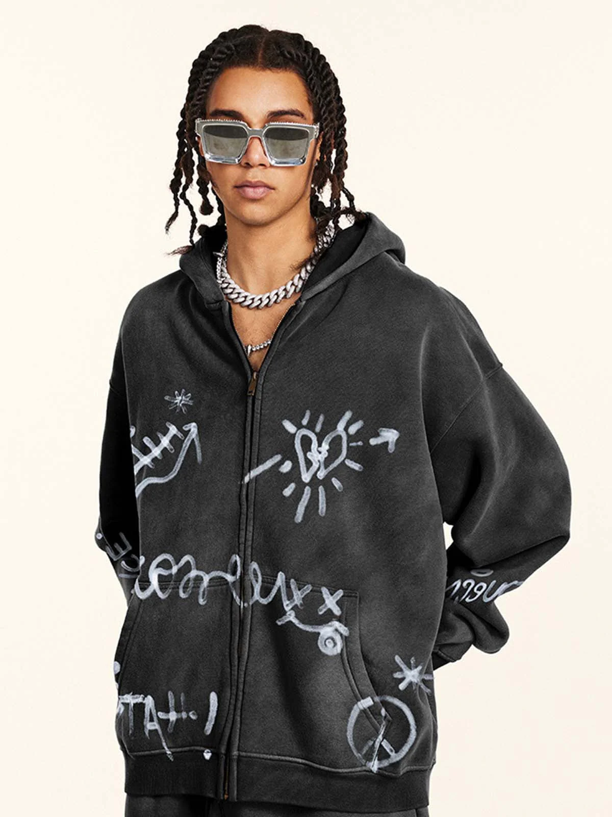 Street Graffiti Spray Print Zip Up Hoodie - Image 4