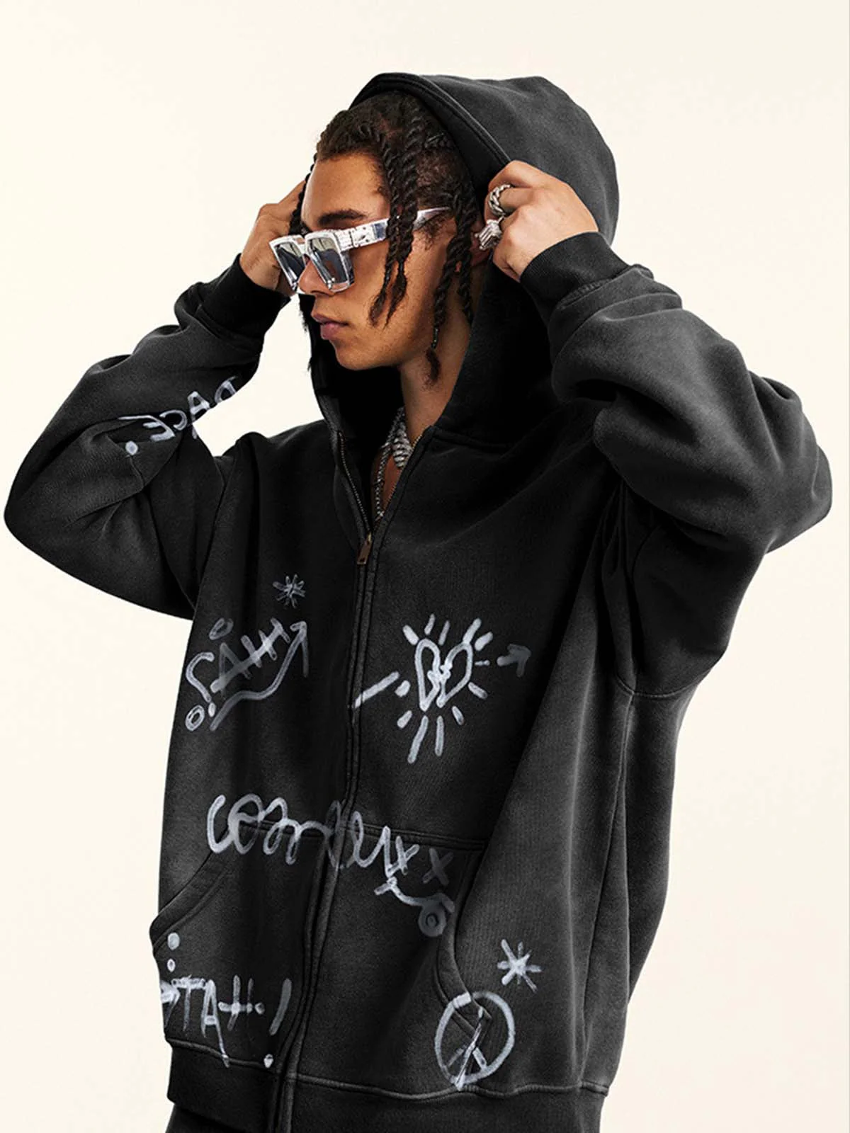 Street Graffiti Spray Print Zip Up Hoodie - Image 5