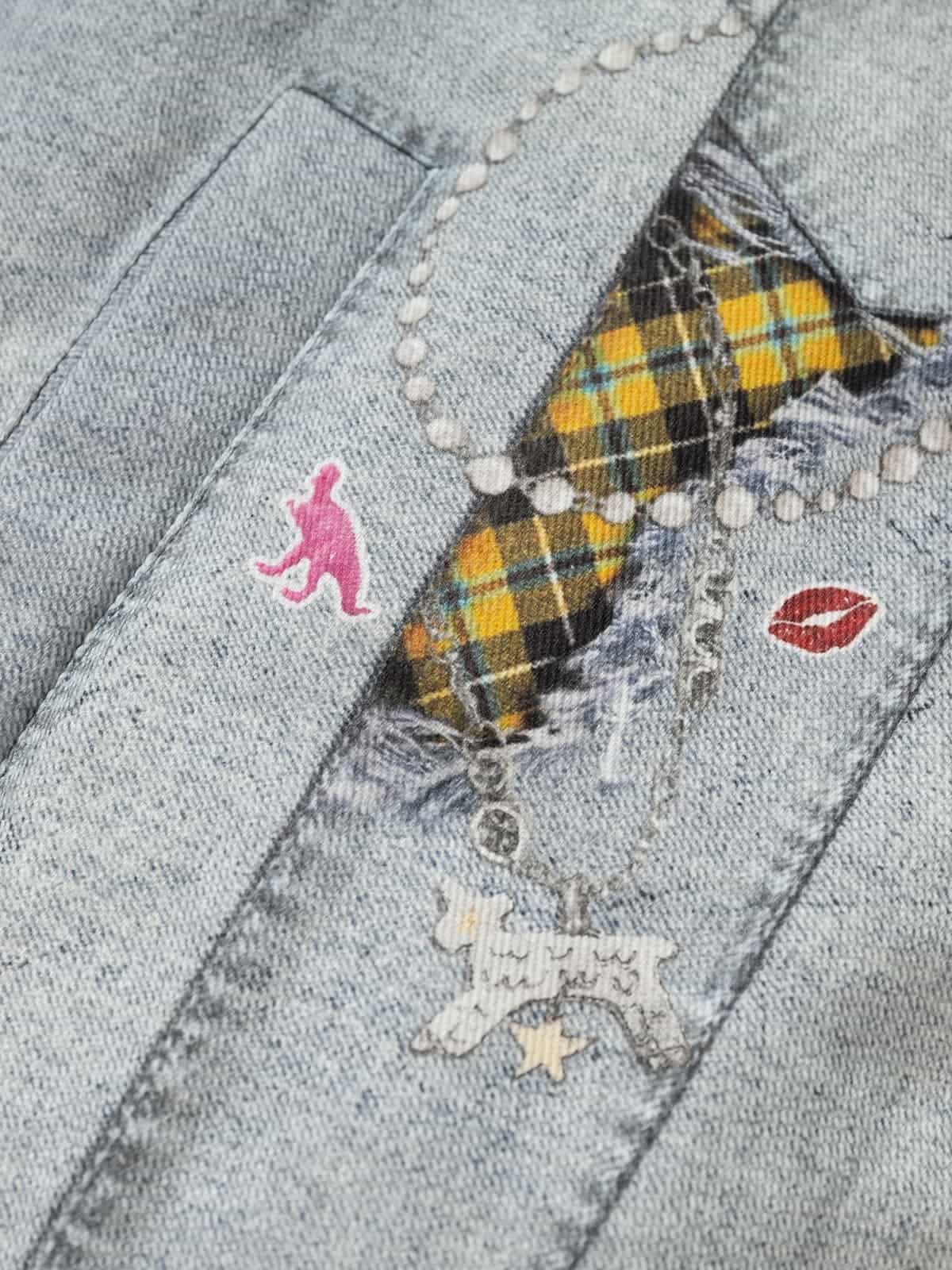 Street Illusion Denim Print Stand Collar Padded Cotton Jacket - Image 10