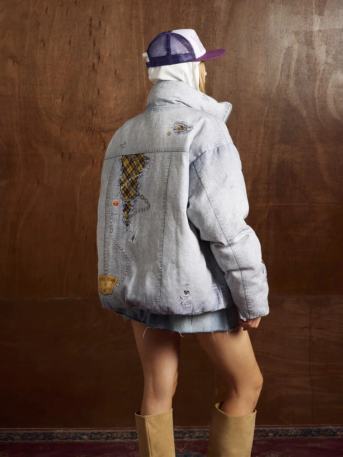 Street Illusion Denim Print Stand Collar Padded Cotton Jacket - Image 3