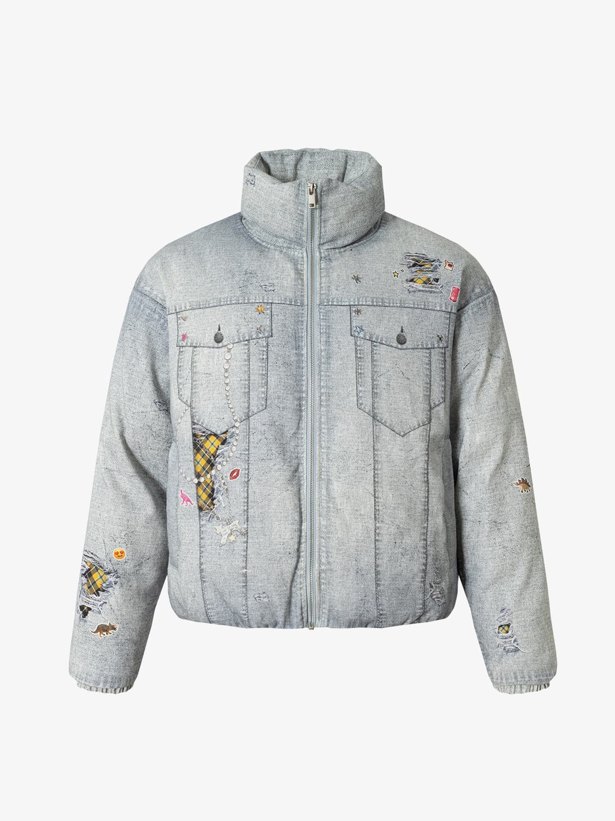 Street Illusion Denim Print Stand Collar Padded Cotton Jacket - Image 7