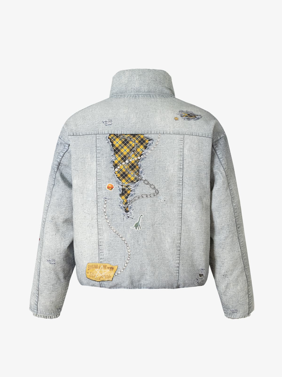 Street Illusion Denim Print Stand Collar Padded Cotton Jacket - Image 8
