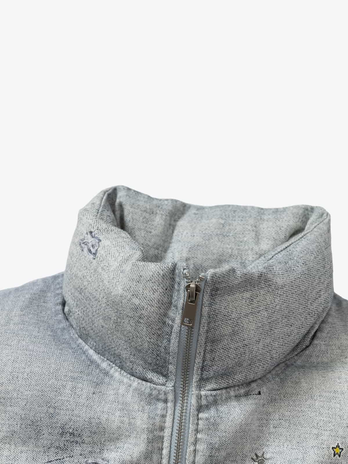 Street Illusion Denim Print Stand Collar Padded Cotton Jacket - Image 9