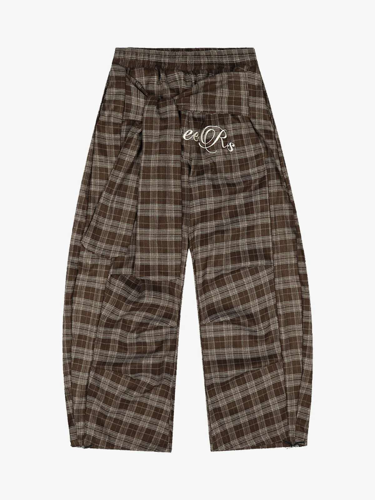 Street Pleated Waistband Plaid Check Barrel Pants - Image 2