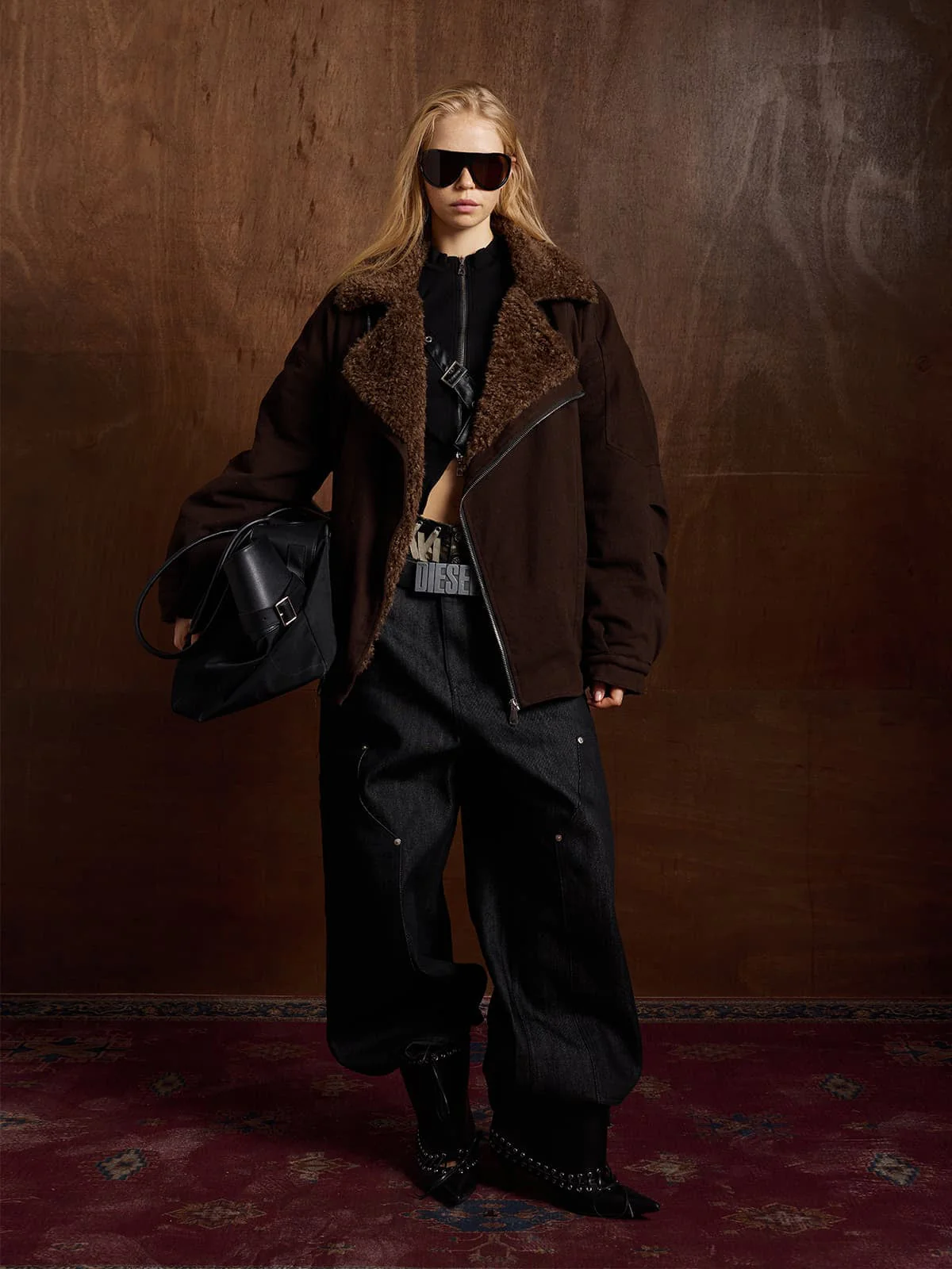Street Punk Oblique Zipper Lambswool Collar Quilted Jacket - Image 5