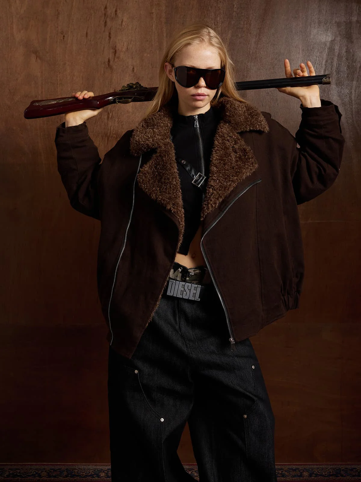 Street Punk Oblique Zipper Lambswool Collar Quilted Jacket - Image 6