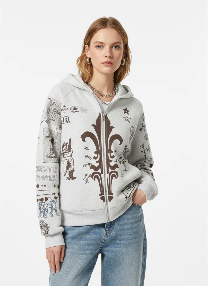 Street Retro Cat Graffiti Hooded Zipper Sweatshirt - Image 3