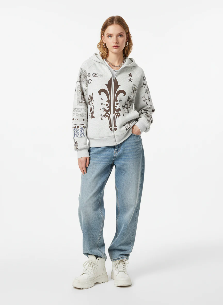 Street Retro Cat Graffiti Hooded Zipper Sweatshirt - Image 4