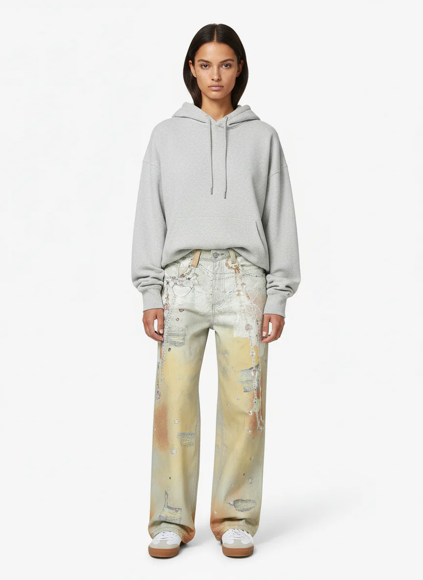 Street Tie-Dye Distressed Chain Detail 3D Printed Jeans