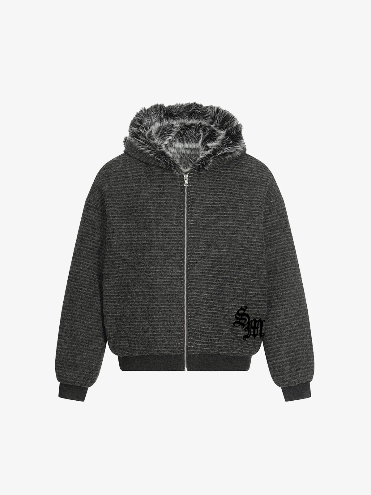 Striped Knit Faux Fur Lined Zip Up Hoodie - Image 2