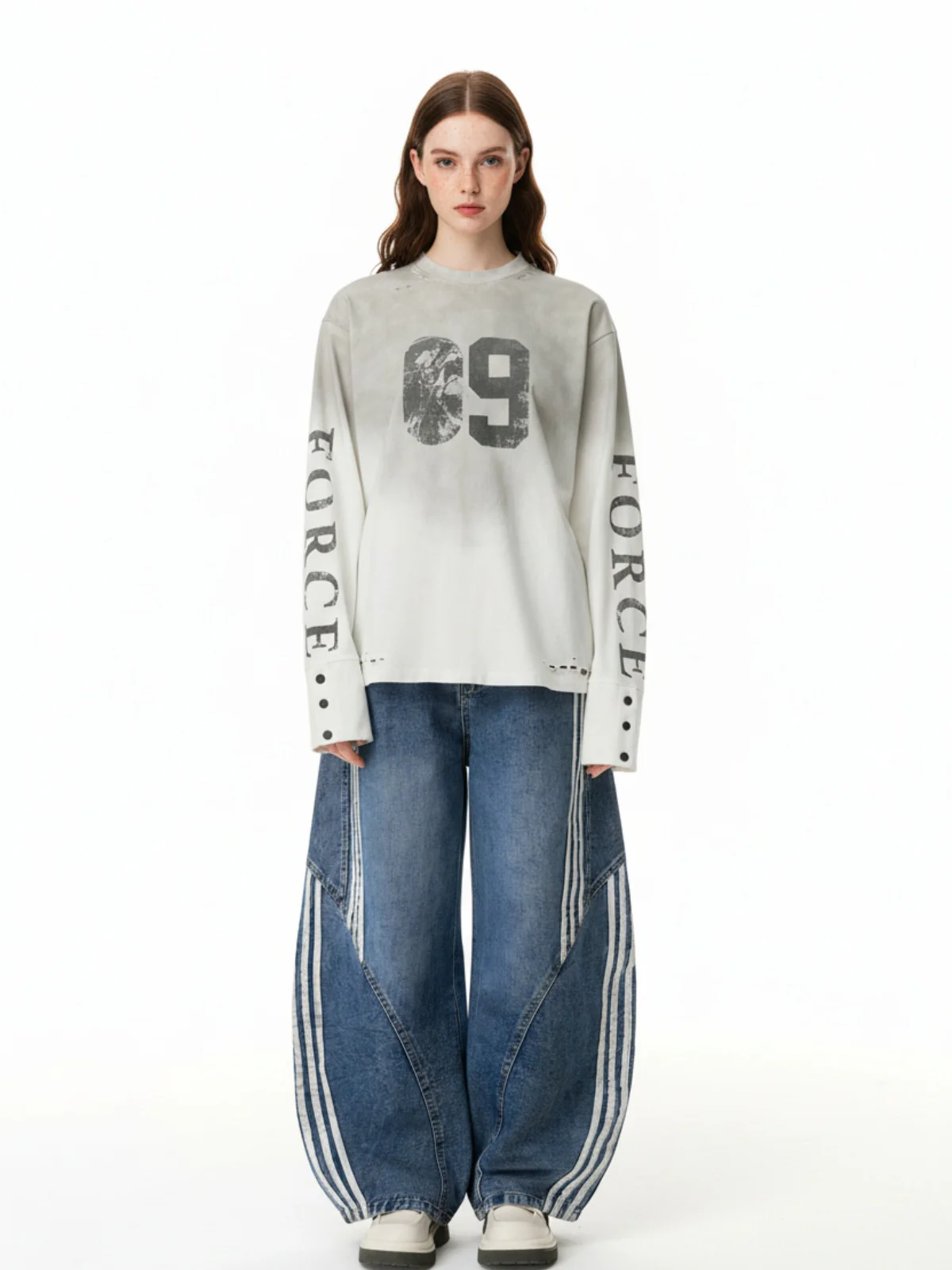 Denim Contrast Striped Stitching Barrel Jeans - 2504 - Image 3
