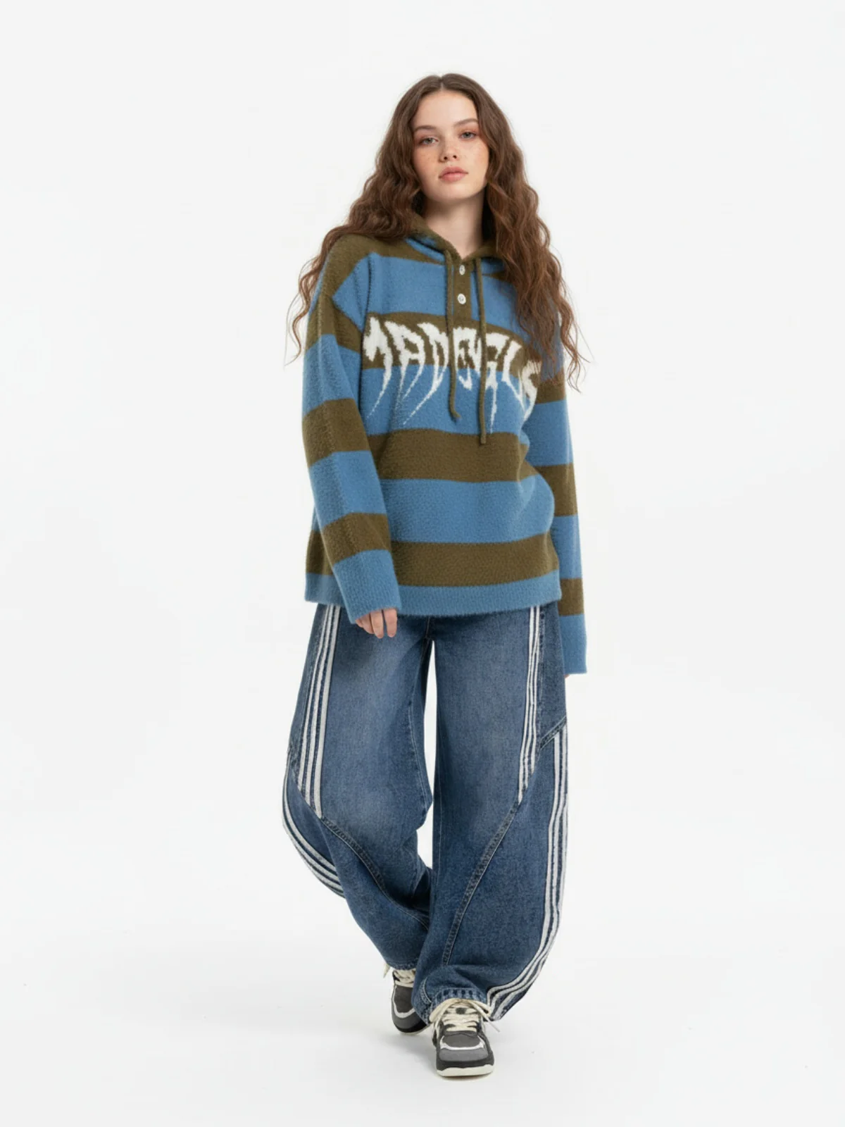 Denim Contrast Striped Stitching Barrel Jeans - 2504 - Image 4