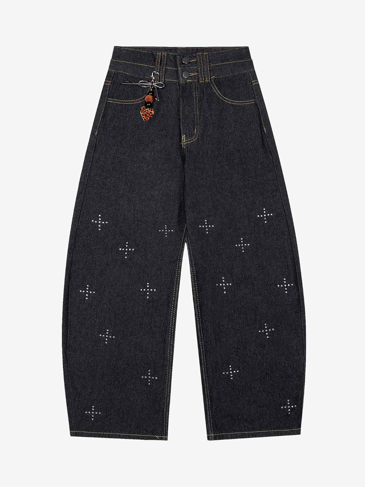 Studded Cross Pattern Wide Leg Denim Jeans