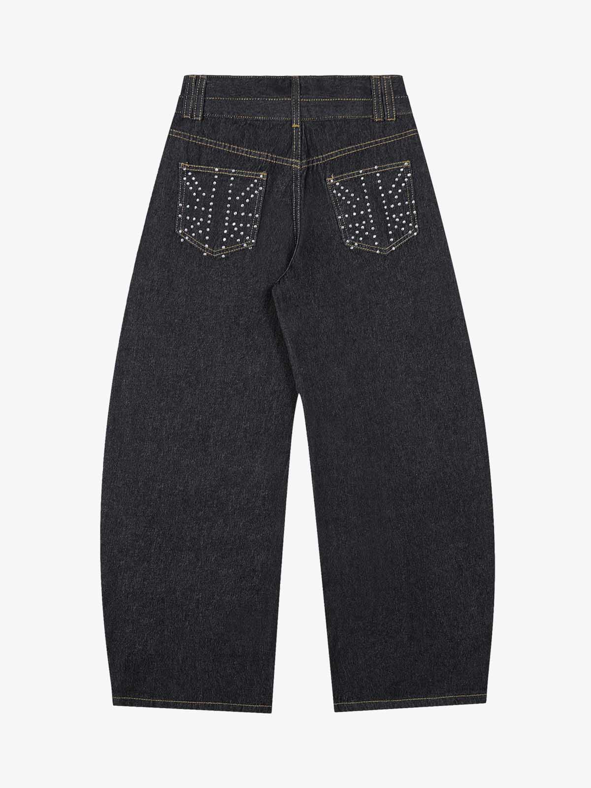 Studded Cross Pattern Wide Leg Denim Jeans - Image 2