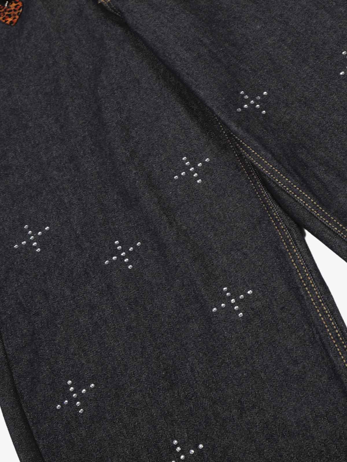 Studded Cross Pattern Wide Leg Denim Jeans - Image 3