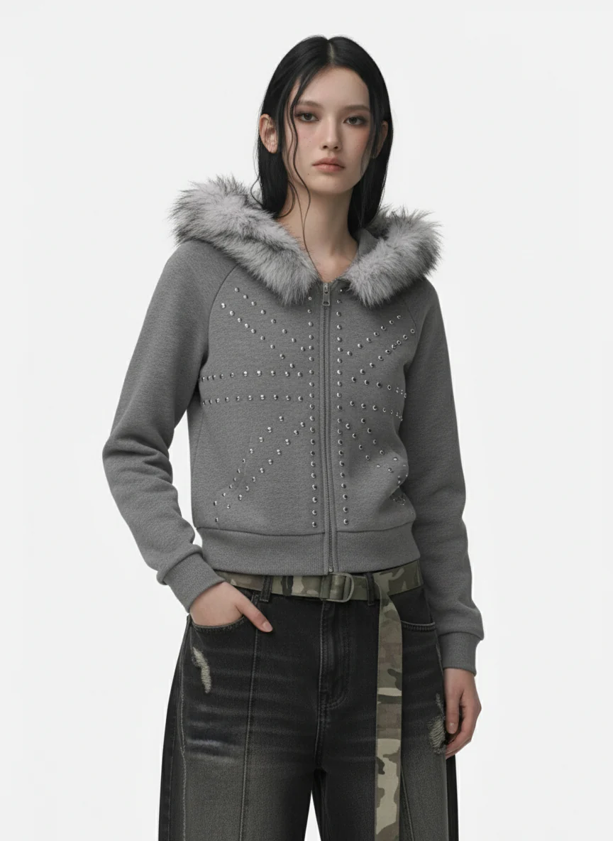 Studded Detachable Fur Hooded Jacket - Image 3