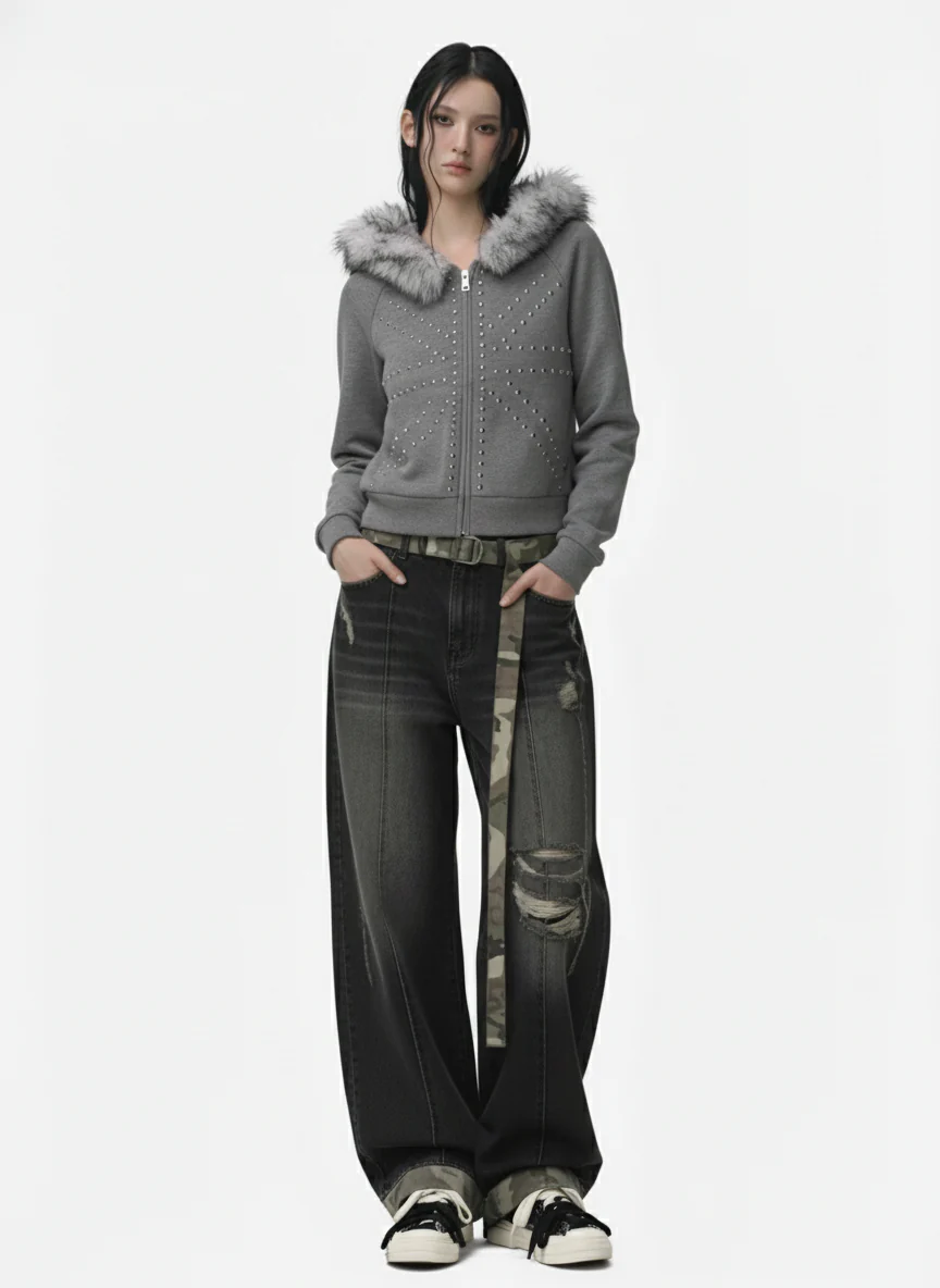 Studded Detachable Fur Hooded Jacket - Image 4
