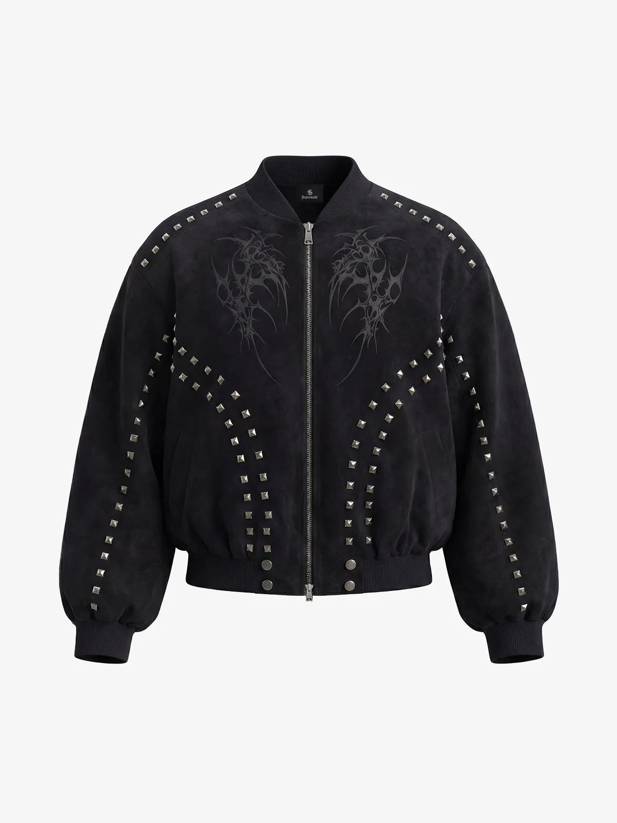 Studded Suede Embroidered Bomber Jacket
