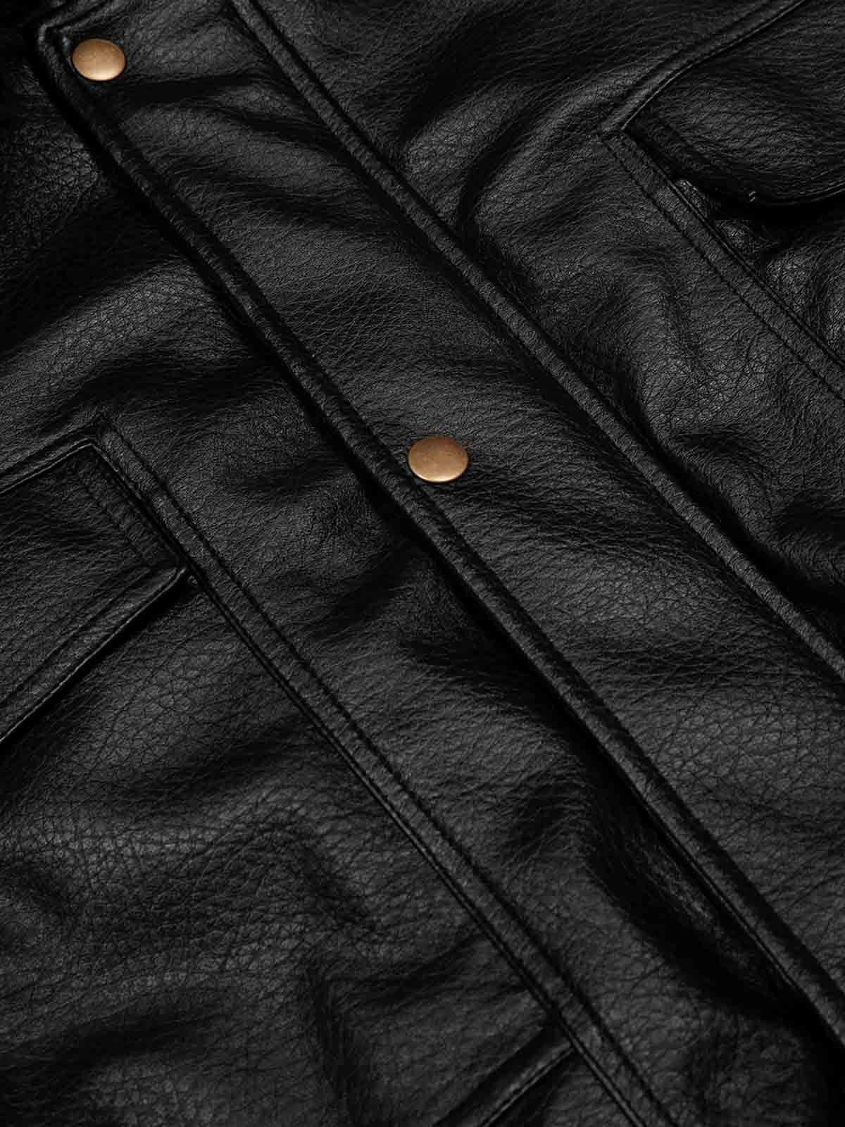Retro Detachable Fur Collar PU Multi-Pocket Bomber Jacket - Image 11