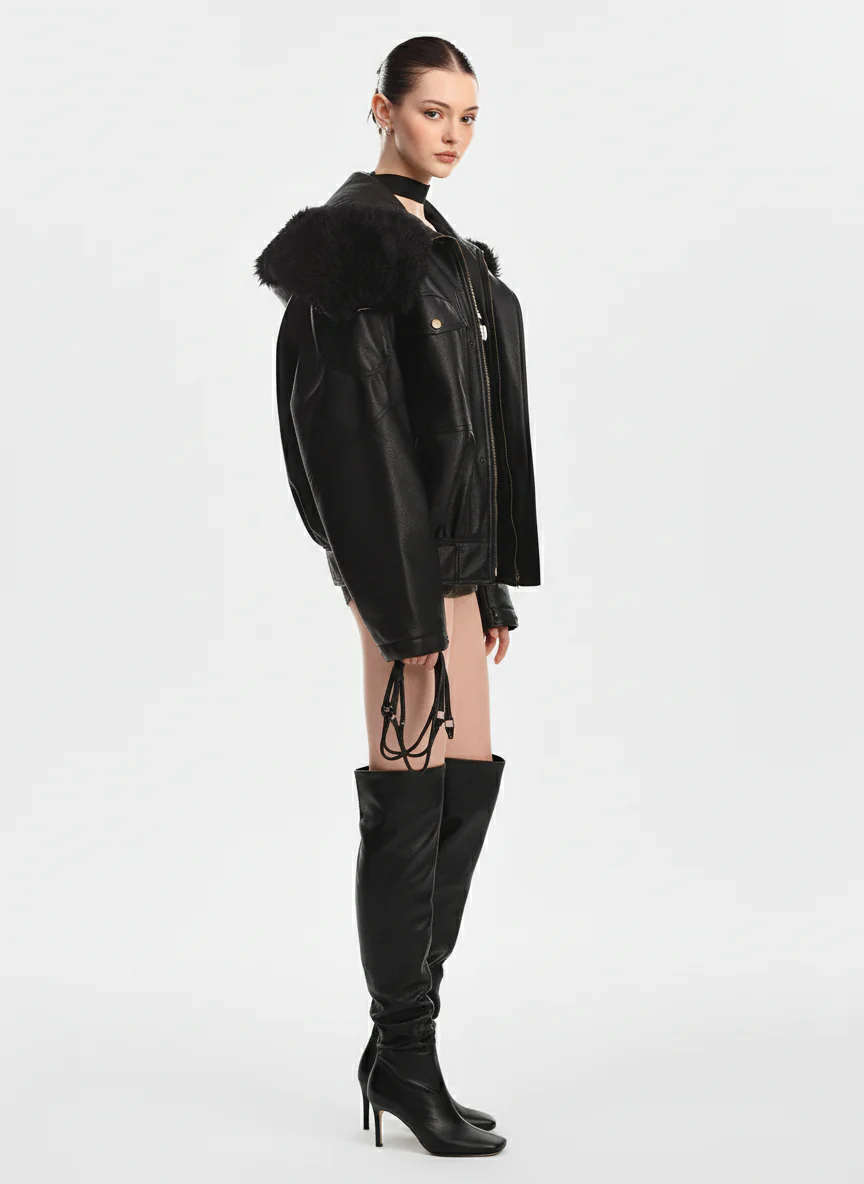 Retro Detachable Fur Collar PU Multi-Pocket Bomber Jacket - Image 4