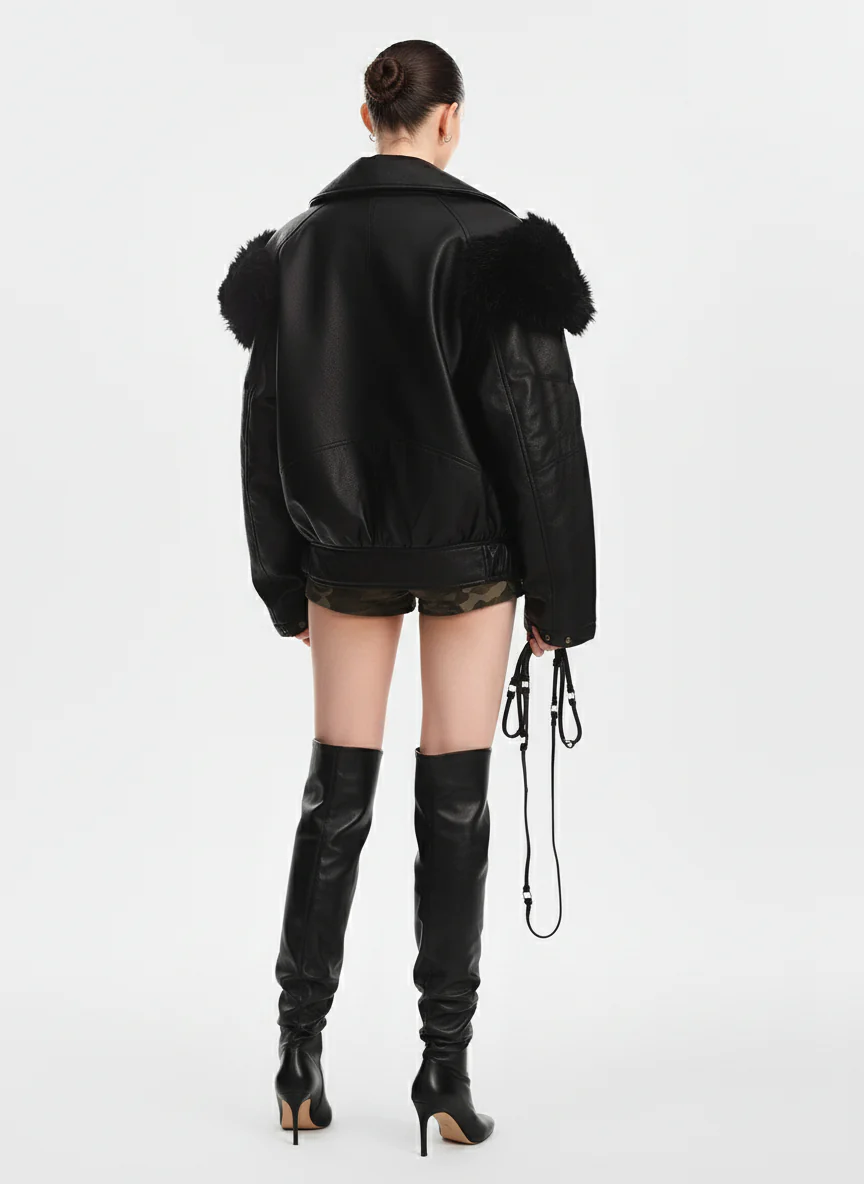 Retro Detachable Fur Collar PU Multi-Pocket Bomber Jacket - Image 5