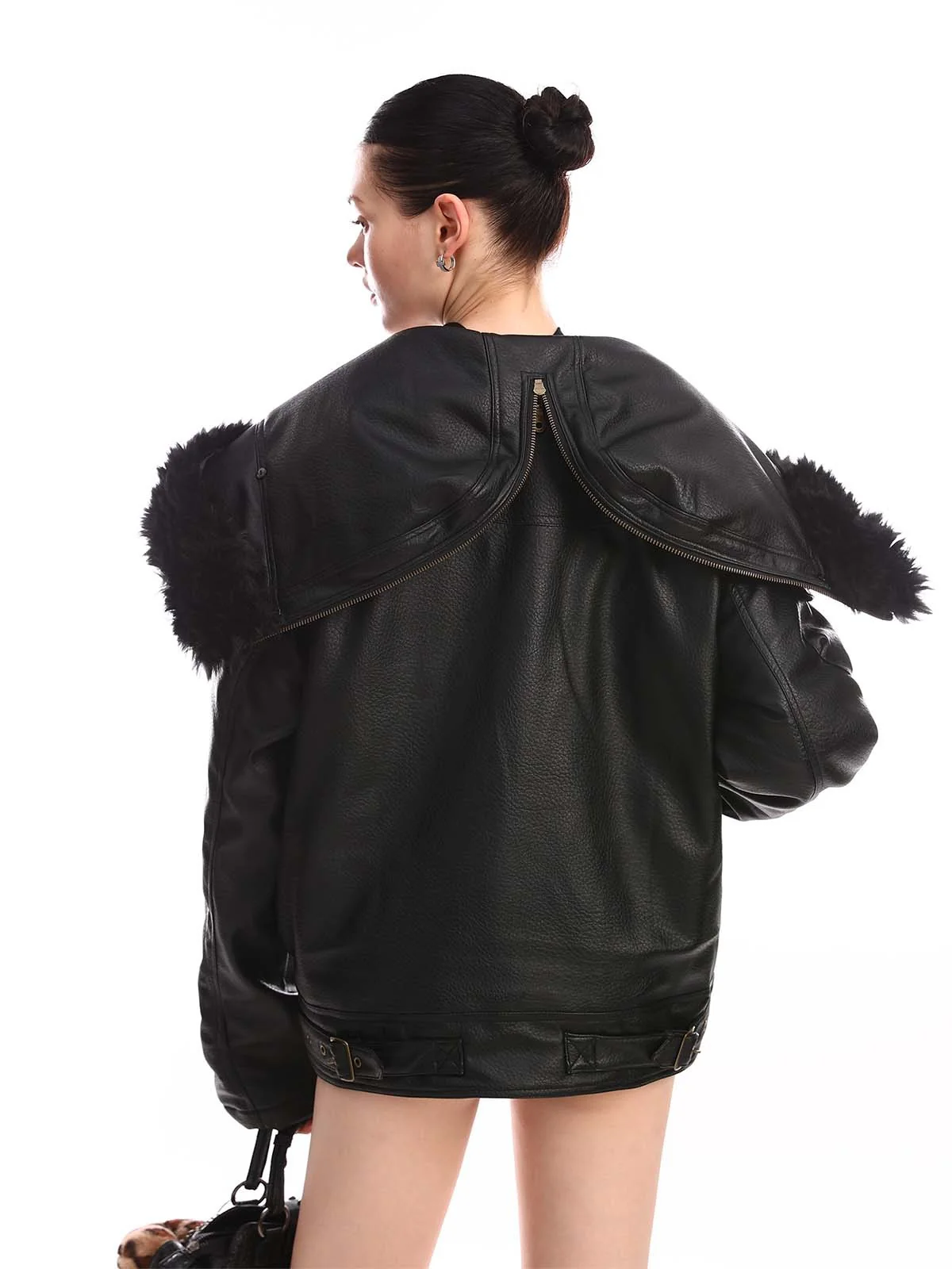 Retro Detachable Fur Collar PU Multi-Pocket Bomber Jacket - Image 6